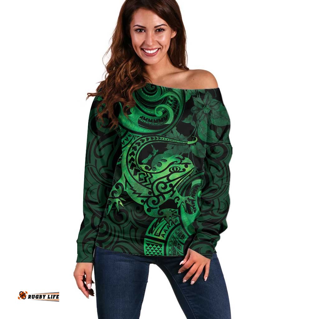 New Zealand Tuatara Off Shoulder Sweater Aotearoa Maori Clematis Flowers Green
