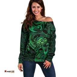 New Zealand Tuatara Off Shoulder Sweater Aotearoa Maori Clematis Flowers Green