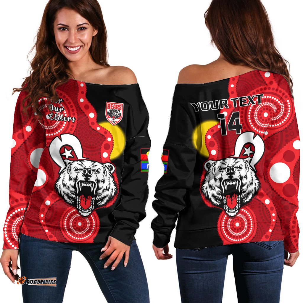 Custom Text And Number North Sydney Rugby NAIDOC Off Shoulder Sweater Bears Indigenous For Our Elders