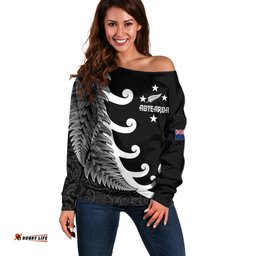Personalised New Zealand Rugby Off Shoulder Sweater Aotearoa Silver Fern Koru Maori Style