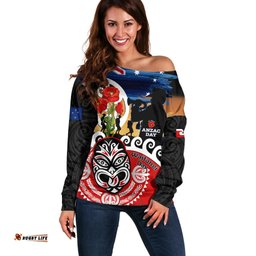 New Zealand Waitangi And ANZAC Day Off Shoulder Sweater Aotearoa Maori Tiki With Last Post