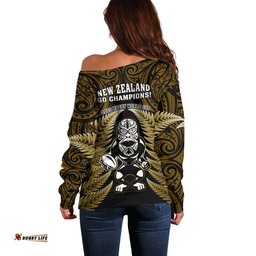 New Zealand Aotearoa Rugby Off Shoulder Sweater NZ Tiki With Maori Fern World Cup Gold Version