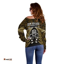 New Zealand Aotearoa Rugby Off Shoulder Sweater NZ Tiki With Maori Fern World Cup Gold Version