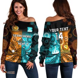 Custom Text And Number Perth Scorchers and Brisbane Heat Cricket Off Shoulder Sweater Aboriginal Art 05