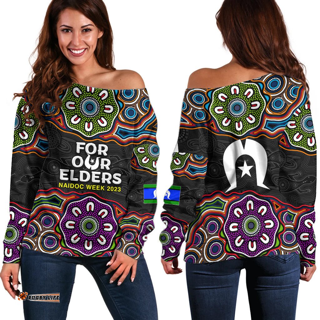 NAIDOC Off Shoulder Sweater Aboriginal Tribal Coloful