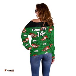 Custom Text And Number Rabbitohs Rugby Off Shoulder Sweater Polynesian Tribal Mix Tropical Hawaiian Style