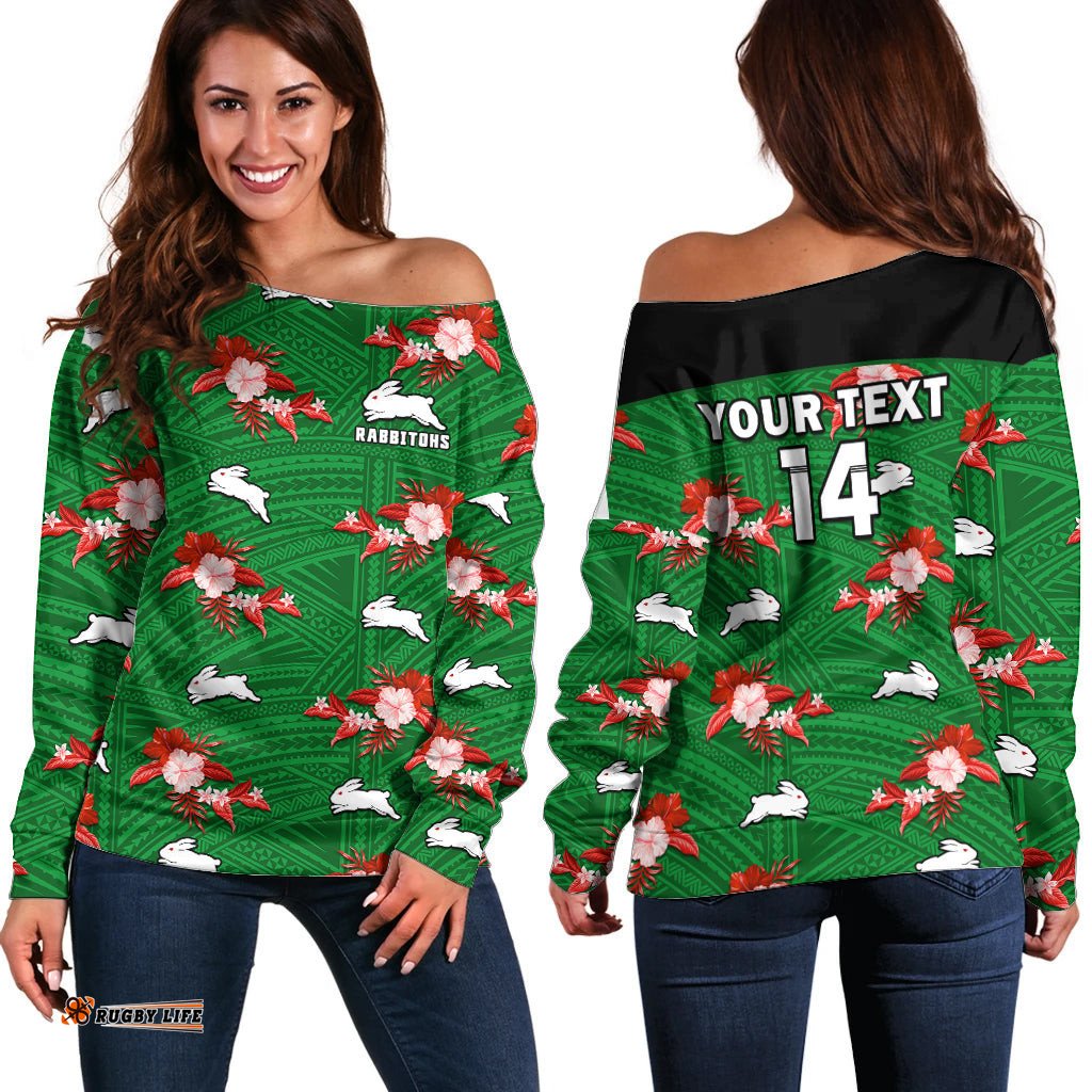 Custom Text And Number Rabbitohs Rugby Off Shoulder Sweater Polynesian Tribal Mix Tropical Hawaiian Style