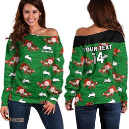 Custom Text And Number Rabbitohs Rugby Off Shoulder Sweater Polynesian Tribal Mix Tropical Hawaiian Style
