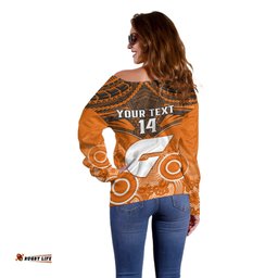 Personalised Giants Football Off Shoulder Sweater GWS Aboriginal Mix Polynesian Pattern