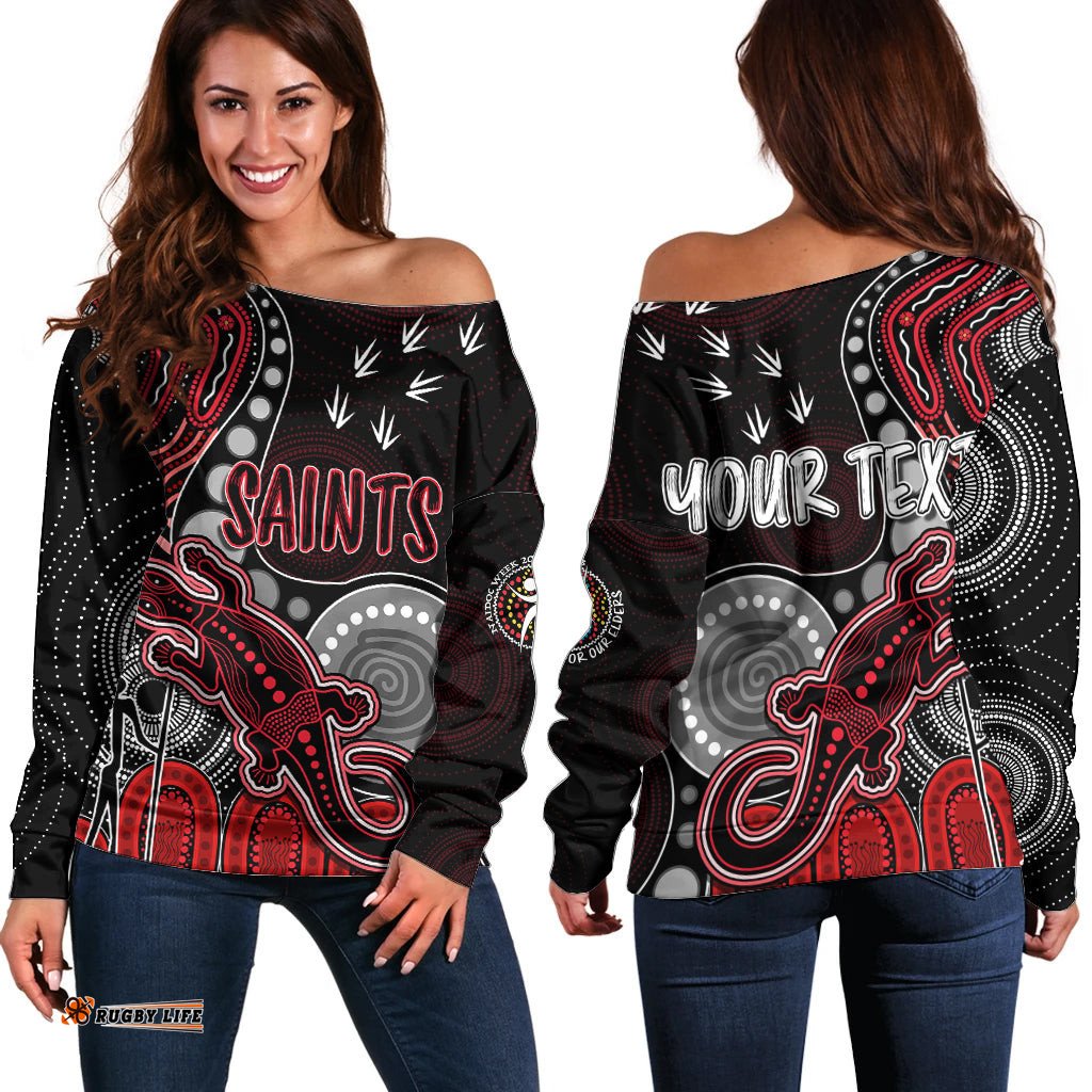 Personalised NAIDOC Week AFL Saints Off Shoulder Sweater Aboriginal Dot Art Lizard Mix Boomerang