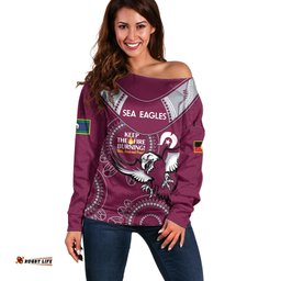 Custom NRL Sea Eagles NAIDOC Week Off Shoulder Sweater Keep The Fire Burning Indigenous Art