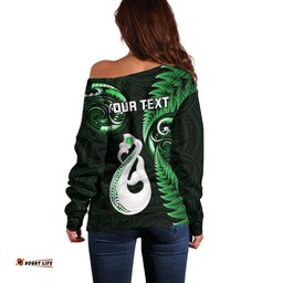 Personalised New Zealand Off Shoulder Sweater Aotearoa Silver Fern With Manaia Maori Unique Green