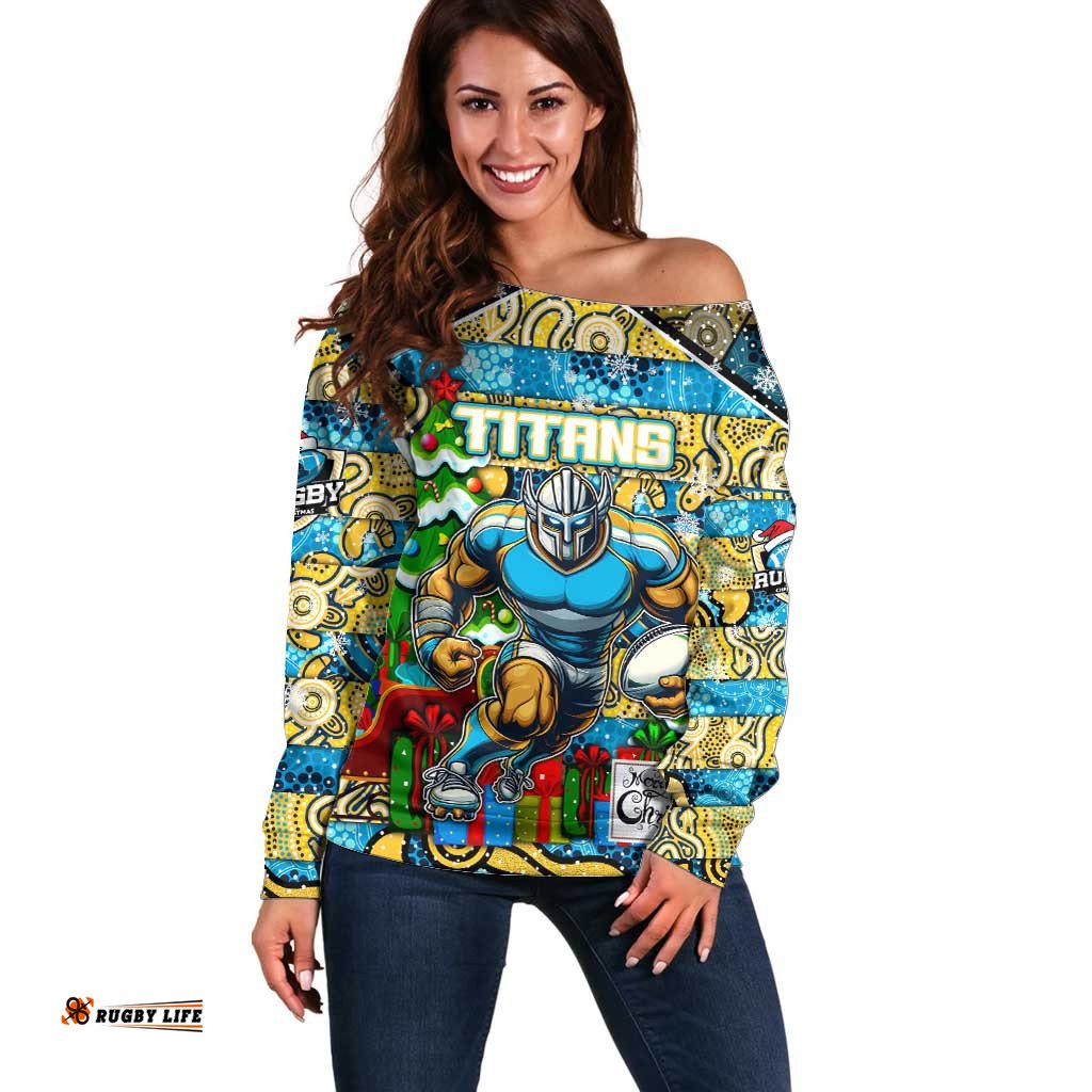 Custom Titans Rugby Merry Christmas Off Shoulder Sweater Indigenous Australian Art