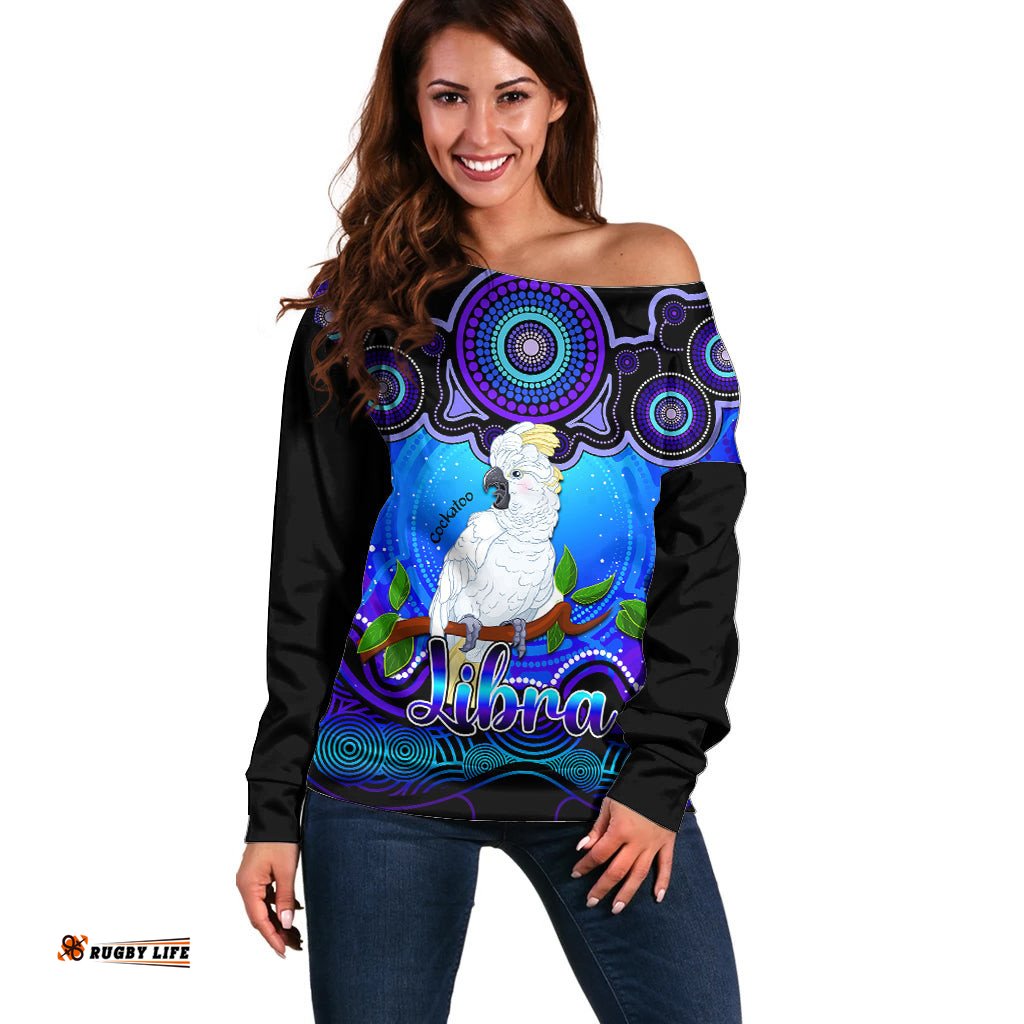 Personalised Australia Libra Cockatoo Zodiac Off Shoulder Sweater Auz Astrology Aboriginal Blue