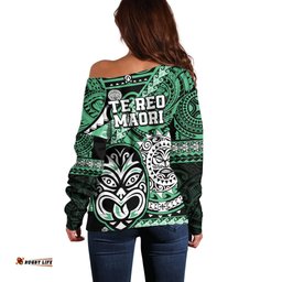 Te Reo Maori New Zealand Off Shoulder Sweater Aotearoa Kia Haka Maori Tribal Tattoo Green Style