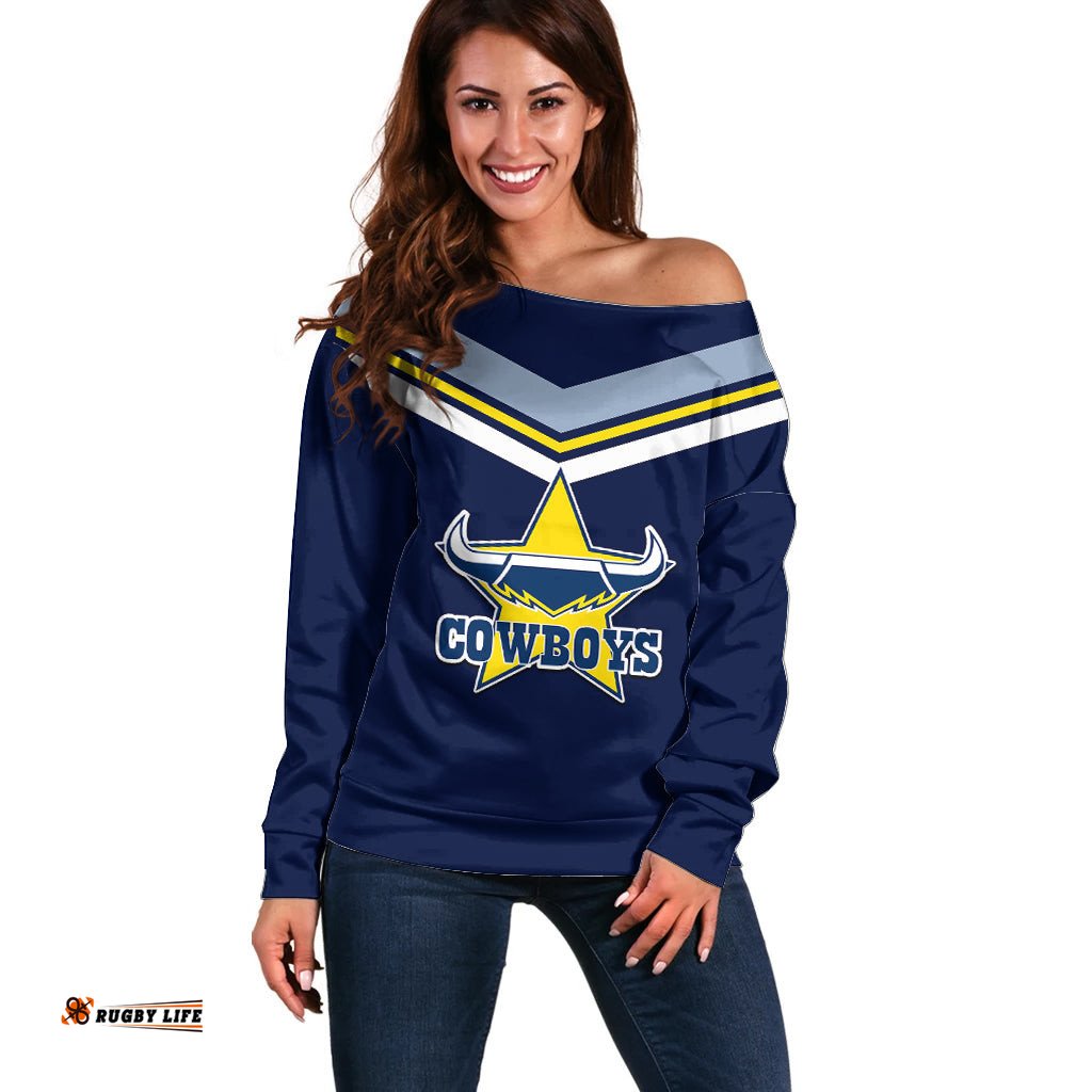 Custom Text And Number NRL Cowboys Off Shoulder Sweater New Jersey Blue