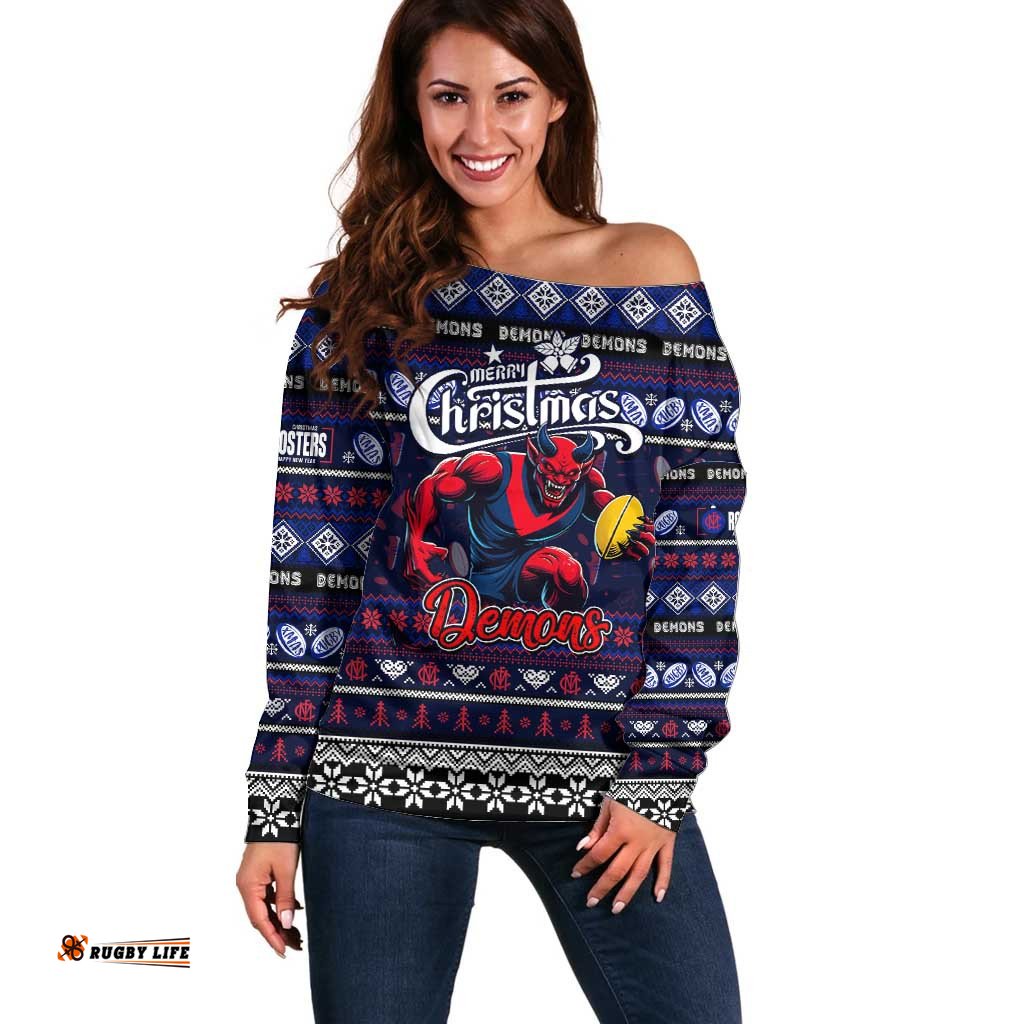 Personalized Demons Football Xmas Off Shoulder Sweater Australia AFL Mascot