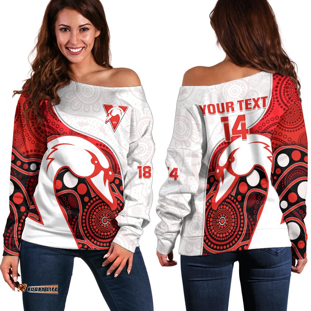 Custom Text And Number Swans Football Off Shoulder Sweater Go Swannies Indigenous Art 08