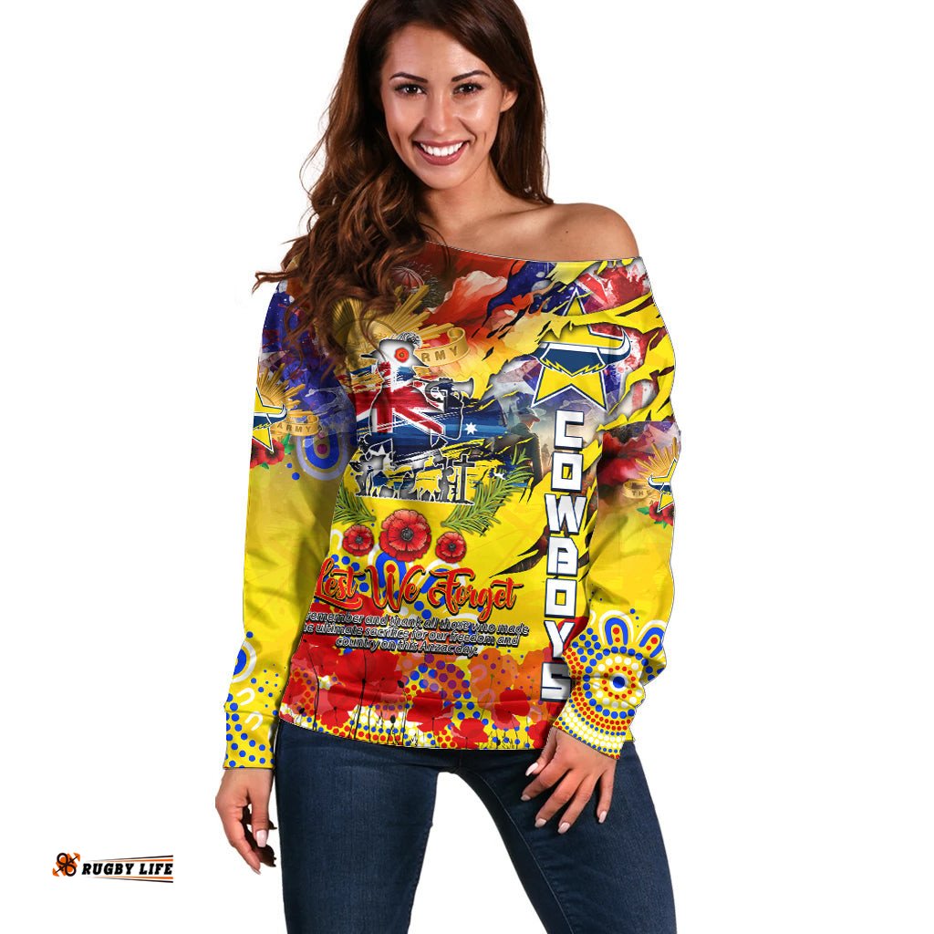 Personalised Australia Rugby Cowboys ANZAC Off Shoulder Sweater North Queensland Scratch Style