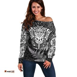 New Zealand Rugby Off Shoulder Sweater Silver Fern All Black Mix Ta Moko White Style