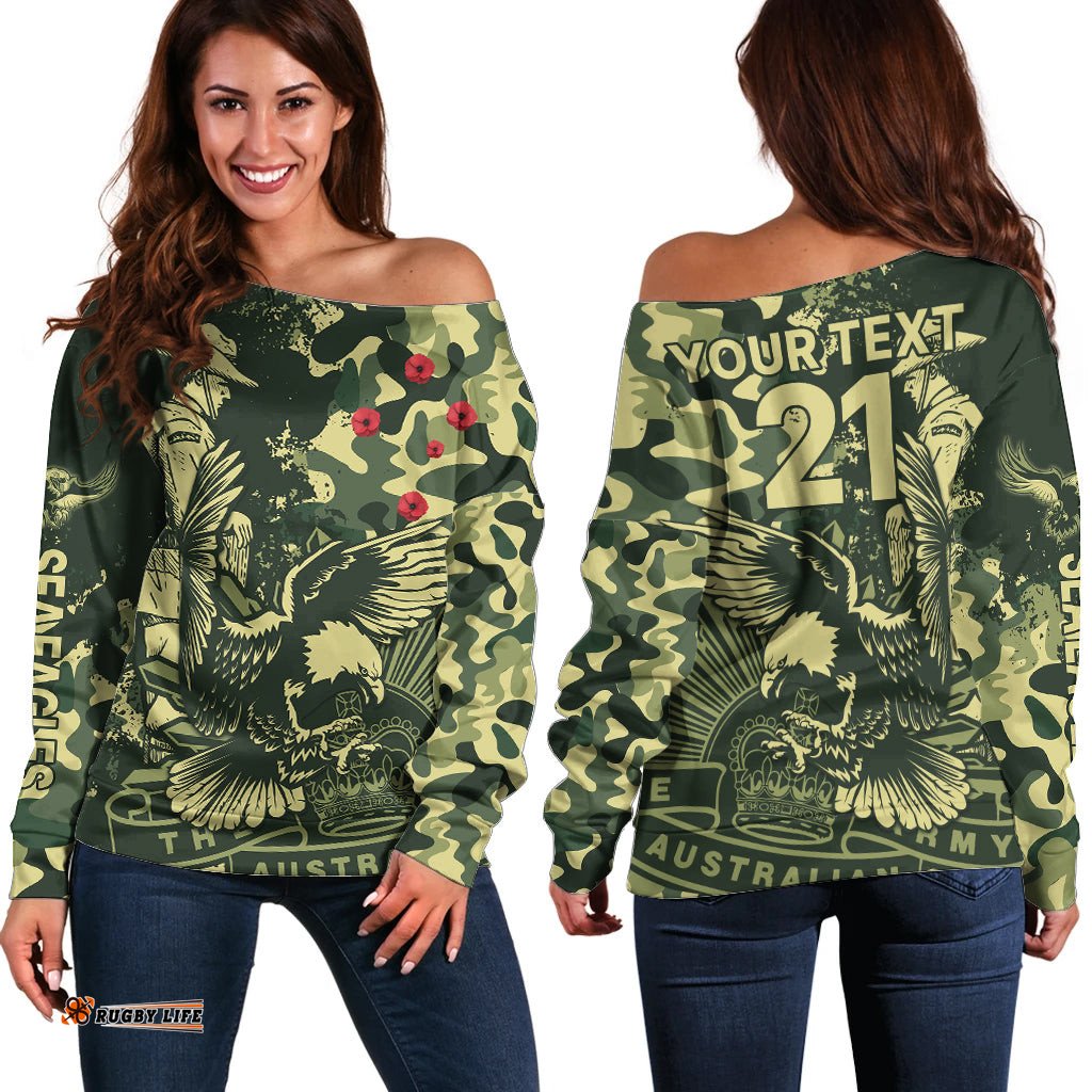 Custom Text And Number NRL ANZAC Sea Eagles Off Shoulder Sweater Camouflage