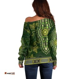 Lime Green African Dashiki With Australia Aboriginal Art Off Shoulder Sweater