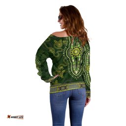Lime Green African Dashiki With Australia Aboriginal Art Off Shoulder Sweater