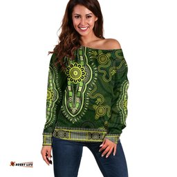 Lime Green African Dashiki With Australia Aboriginal Art Off Shoulder Sweater