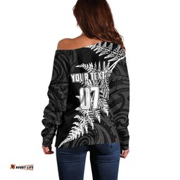 Personalised New Zealand Rugby Off Shoulder Sweater World Cup Silver Fern Champions