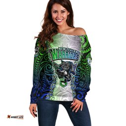 Personalised New Zealand Warriors Off Shoulder Sweater Maori Silver Fern Green