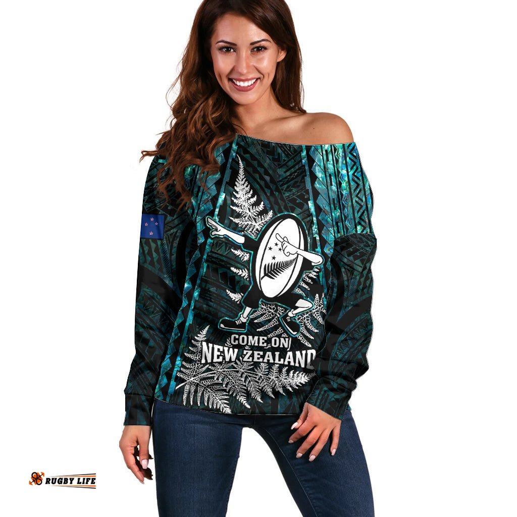 New Zealand Silver Fern Rugby Off Shoulder Sweater Aotearoa All Black Dabbing Ball With Maori Paua Shell