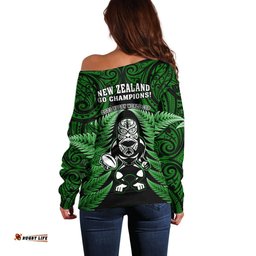New Zealand Aotearoa Rugby Off Shoulder Sweater NZ Tiki With Maori Fern World Cup Green Version