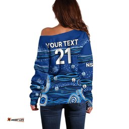 Custom Text And Number NSW Blues Rugby Off Shoulder Sweater Aboriginal Indigenous