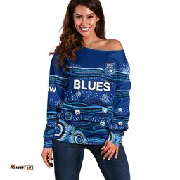 Custom Text And Number NSW Blues Rugby Off Shoulder Sweater Aboriginal Indigenous