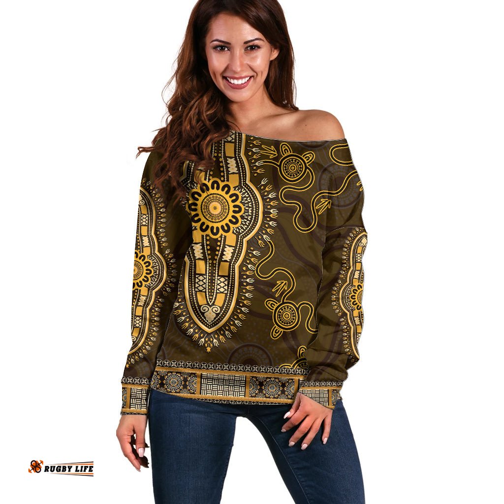 Gold African Dashiki With Australia Aboriginal Art Off Shoulder Sweater