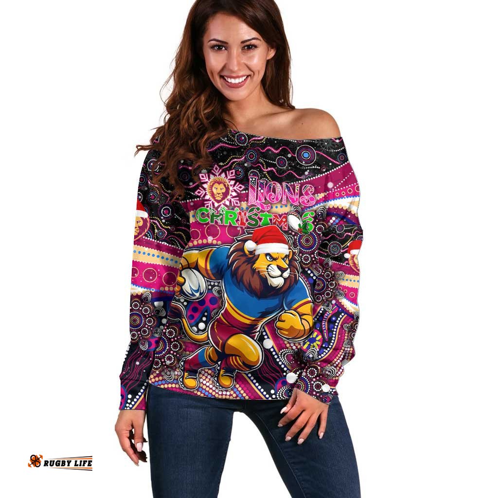 Merry Christmas AFL Brisbane Lions Off Shoulder Sweater Aboriginal Santa Football Mascot