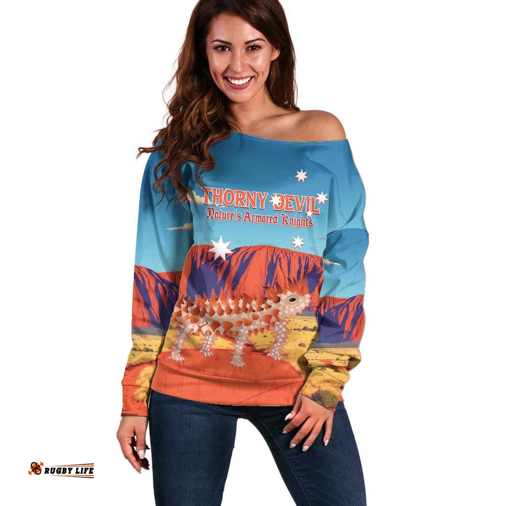 Personalised Australia Thorny Devil Off Shoulder Sweater Nature's Armored Knights Aussie Uluru