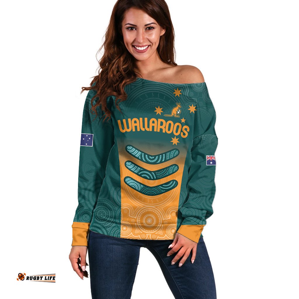 Custom Wallaroos Womens Rugby Off Shoulder Sweater Aboriginal Dots Art