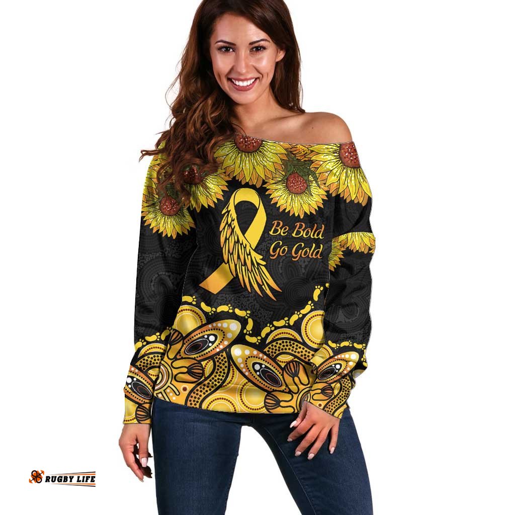 Be Bold Go Gold Aboriginal Ribbon Childhood Personalised Off Shoulder Sweater