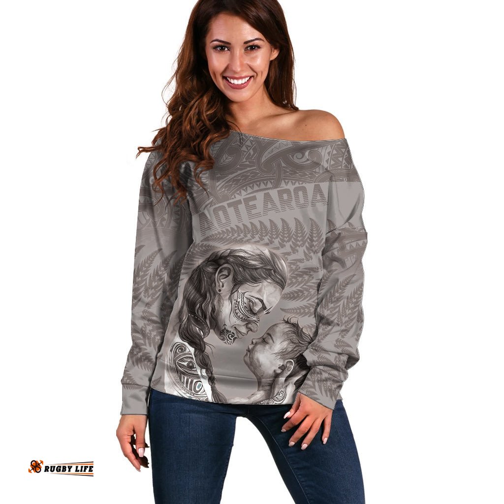 New Zealand Mother's Day Off Shoulder Sweater Maori Mo Toku Mama Silver Fern