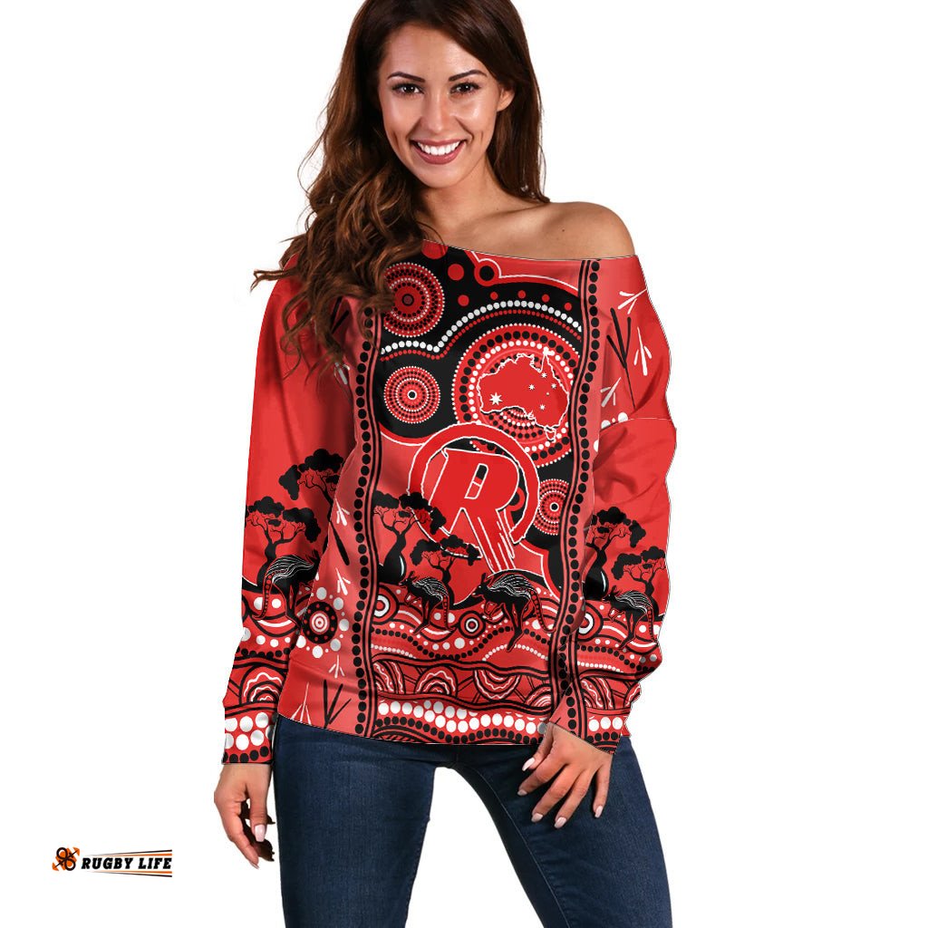 Melbourne Renegades Cricket Off Shoulder Sweater Happy Australia Day Aboriginal Art