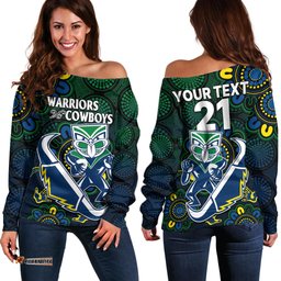 Custom Text And Number NRL Combine Warriors and Cowboys Off Shoulder Sweater Aboriginal