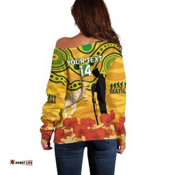 Custom Matildas ANZAC Day Off Shoulder Sweater Lest We Forget Poppies Mix Camouflage Gold