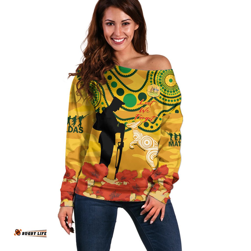 Custom Matildas ANZAC Day Off Shoulder Sweater Lest We Forget Poppies Mix Camouflage Gold