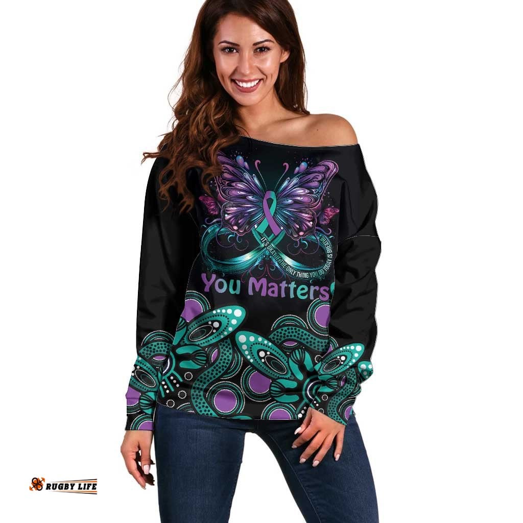 Personalised Hope Fight Suicide Prevention Awareness Off Shoulder Sweater Aboriginal Motif