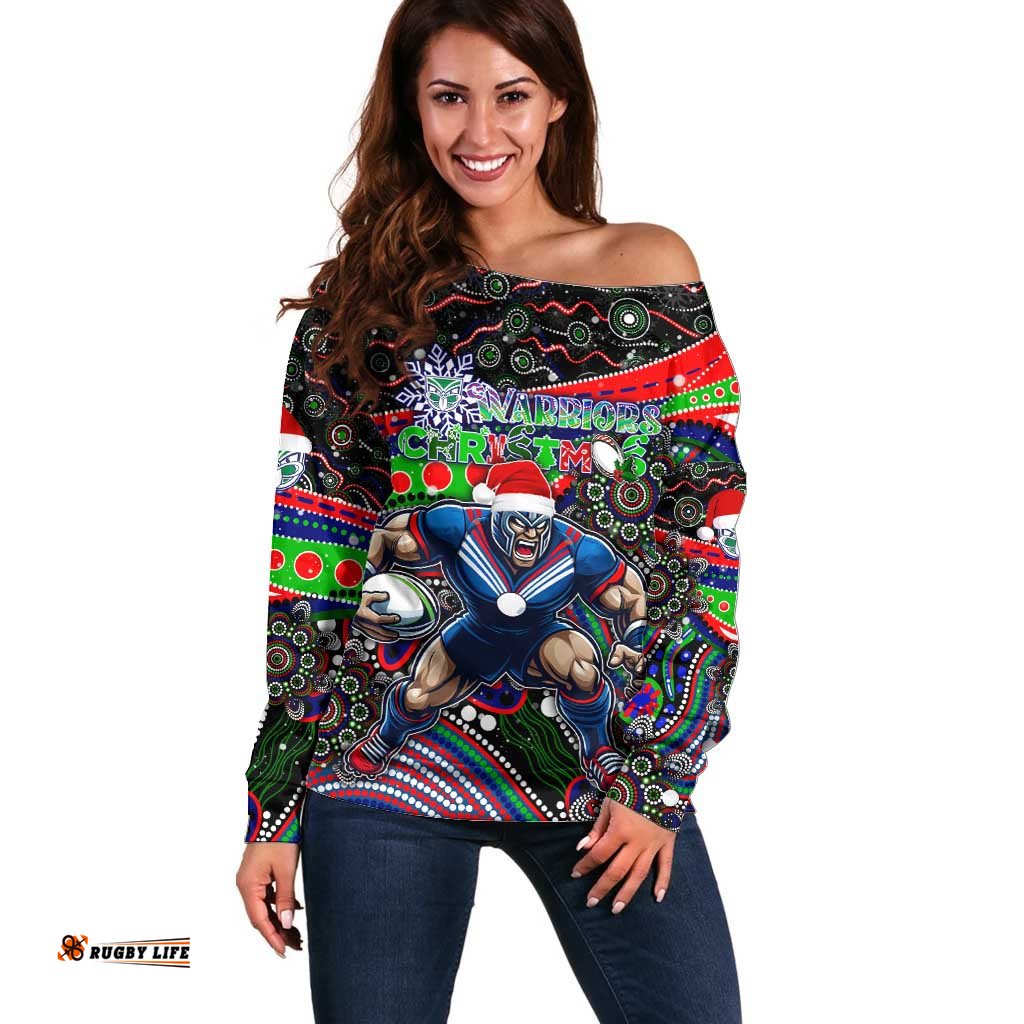 Merry Christmas New Zealand Warriors Off Shoulder Sweater Aboriginal Santa Rugby Mascot