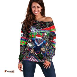 Merry Christmas New Zealand Warriors Off Shoulder Sweater Aboriginal Santa Rugby Mascot