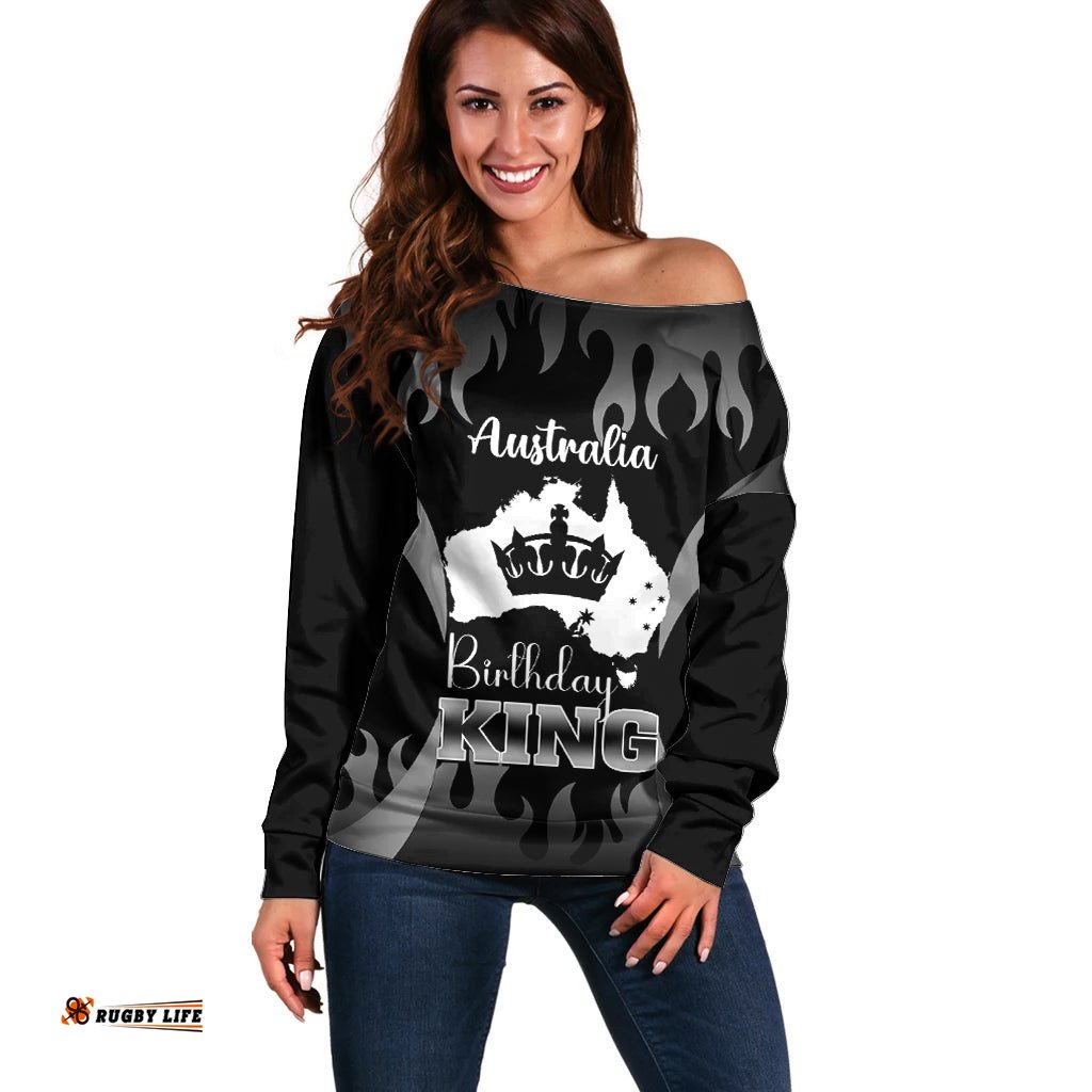 Personalised Australia King Birthday Off Shoulder Sweater Australian Map With Crown Black Version