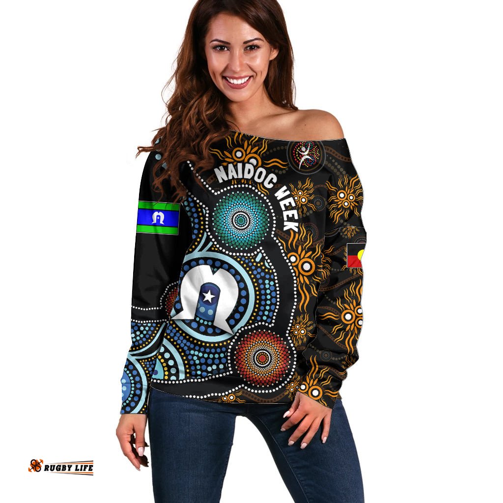 NAIDOC Week 2024 Aussie Aboriginal Off Shoulder Sweater Sparks of Fire