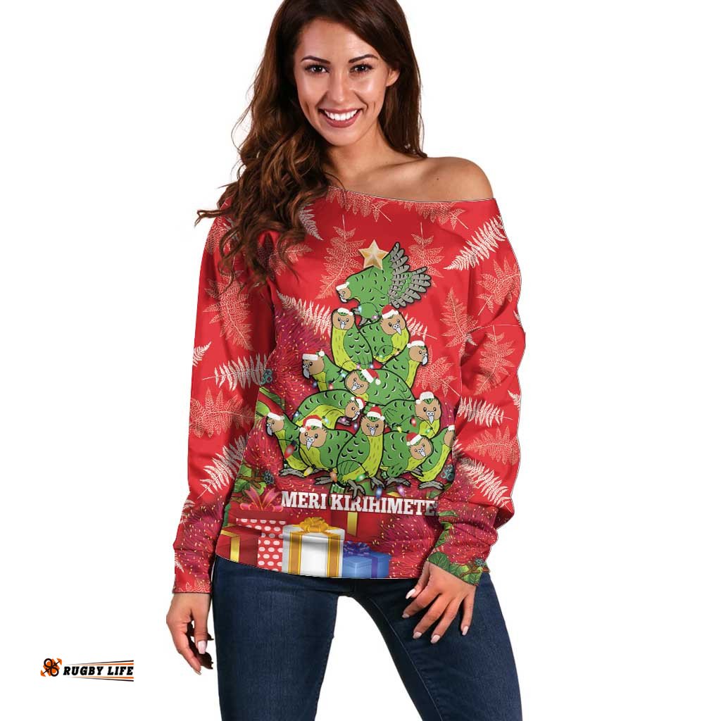 Kakapo New Zealand Christmas Off Shoulder Sweater Meri Kirihimete Pohutukawa Red Color